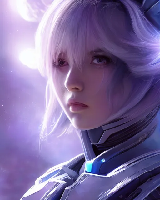 Image similar to perfect android girl on a mothership, warframe armor, beautiful face, scifi, futuristic, galaxy, nebula, bae suzy, dreamy, long white hair, blue cyborg eyes, sharp focus, cinematic lighting, highly detailed, artstation, divine, by gauthier leblanc, kazuya takahashi, huifeng huang