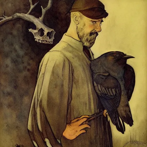 Image similar to A beautiful experimental art of a man, with an animal skull for a head, and a large bird perched on his shoulder. The man is looking up at the bird with a fierce expression, and the bird is looking back at him with what seems to be an equally intense gaze. by Jessie Willcox Smith, by Edward Weston atmospheric