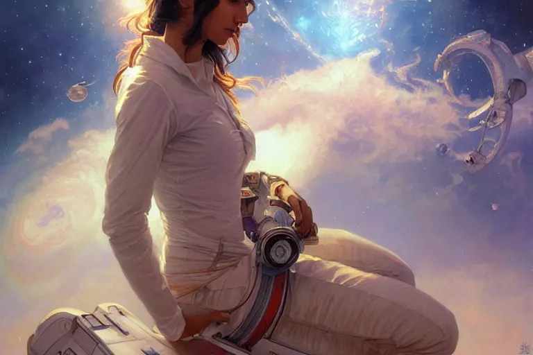 Image similar to Sensual good looking pale young Indian doctors wearing jeans in a space station above Earth, portrait, elegant, intricate, digital painting, artstation, concept art, smooth, sharp focus, illustration, art by artgerm and greg rutkowski and alphonse mucha