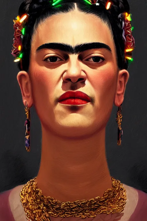 Prompt: portrait of frida kahlo wearing rapper clothes, staring directly into camera, intricate, elegant, glowing lights, highly detailed, digital painting, artstation, sharp focus, illustration, art by wlop, mars ravelo and greg rutkowski