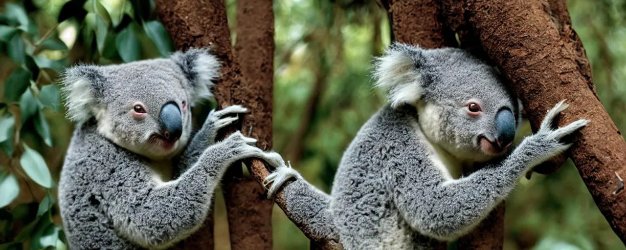 Image similar to 1 koala ( solo ), eating spaghetti from a tree, canon 5 0 mm, film, kodachrome, retro, muted