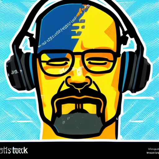 Image similar to a breaking-bad-walter-white, svg sticker, vector art, wearing headphones, jamming to music