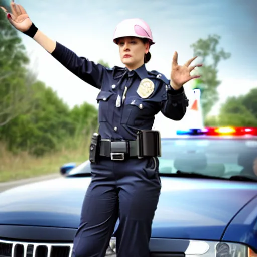 Prompt: traffic policewoman telling you to stop