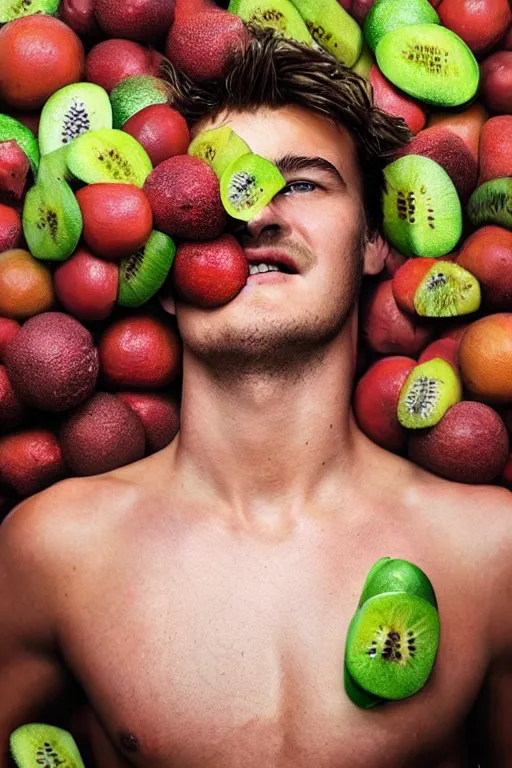 Image similar to 📷 joe keery the kiwi fruit 🥝, made of food, head portrait, dynamic lighting, 4 k