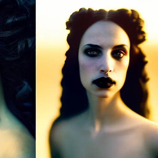 Image similar to photographic portrait of a stunningly beautiful latina gothic renaissance female in soft dreamy light at sunset, soft focus, contemporary fashion shoot, in a tim burton movie, by edward robert hughes, annie leibovitz and steve mccurry, david lazar, jimmy nelsson, extremely detailed, breathtaking, hyperrealistic, perfect face, octane render