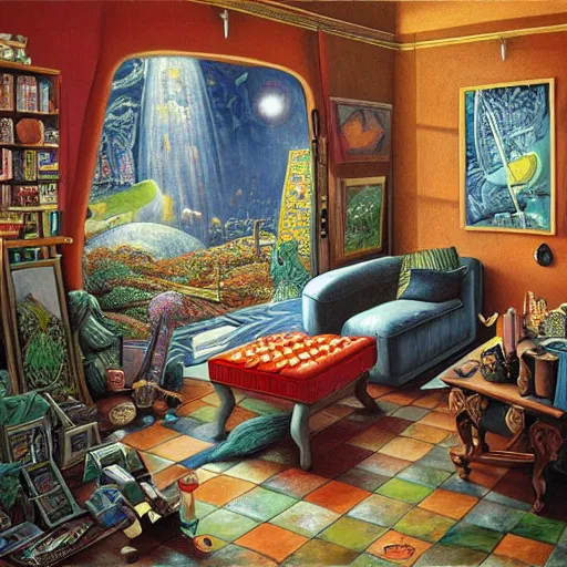 Image similar to a painting of a living room, a surrealist painting by jacek yerka, cgsociety, fantastic realism, surrealist, detailed painting
