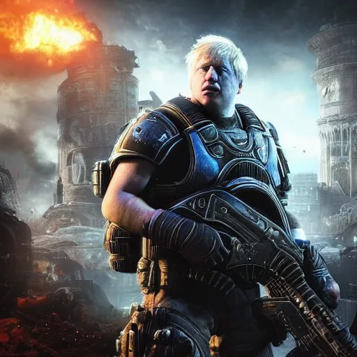 Image similar to Boris Johnson in 'Gears of War', splash art, movie still, cinematic lighting, detailed face, dramatic, octane render, long lens, shallow depth of field, bokeh, anamorphic lens flare, 8k, hyper detailed, 35mm film grain