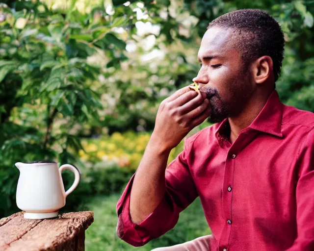 Image similar to mr robert is drinking fresh tea, smoke pot and meditate in a garden from spiral mug, detailed smiled face, muscular hands, golden hour closeup photo, red elegant shirt, eyes wide open