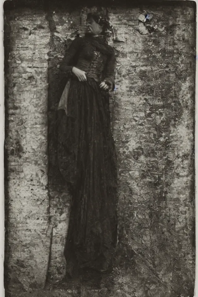Prompt: wet plate photograph portrait of scarves dancer alone in victorian era alley, coal inferno
