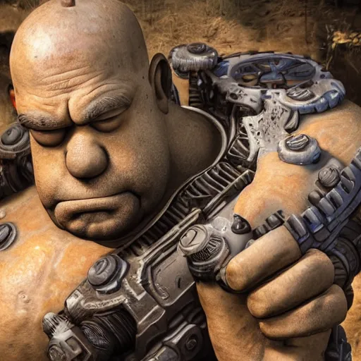 Image similar to Homer Simpson in Gears of War, highly detailed, high quality, HD, 4k, 8k, Canon 300mm, professional photographer, 40mp, lifelike, top-rated, award winning, realistic, sharp, no blur, edited, corrected, trending