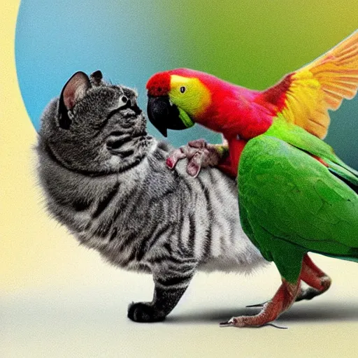 Image similar to spherical cat with wings attacks a parrot
