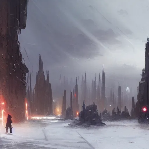 Prompt: star wars concept art by greg rutkowski, a neogothic city in the middle of a snowy landscape, dark clouds, scarce rays of sunlight, enigmatic atmosphere, artstation hq.