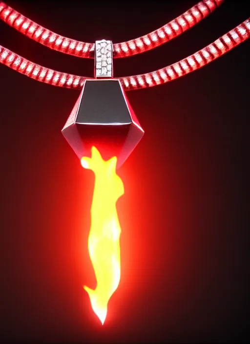 Image similar to rpg item, a black necklace with a bright red diamond in flames, Unreal 5, DAZ, hyperrealistic, rpg style, octane render, dynamic lighting