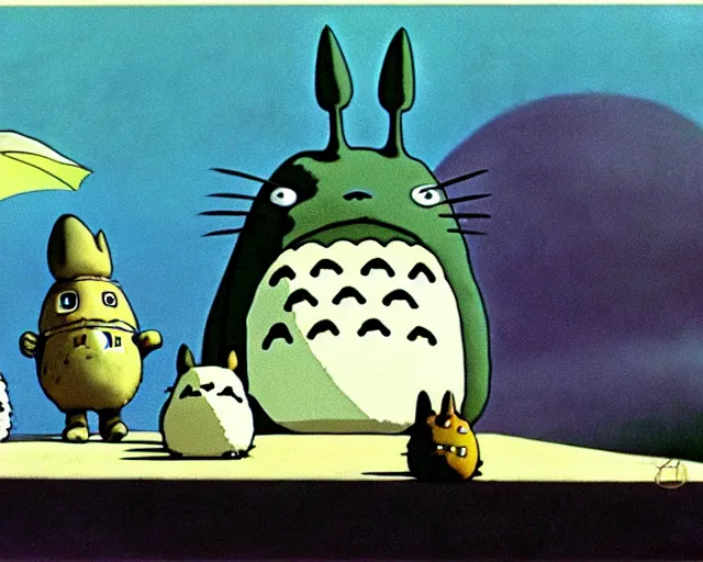 Prompt: a still from totoro, re imagined in the style of yves tanguy. durrealism, dadaism, ghibli