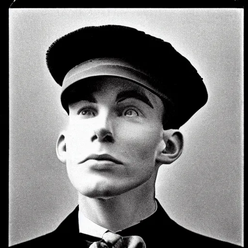 Image similar to A photograph portrait of Jerma985 wearing a newsboy cap in the early 1900s, taken in the early 1900s, grainy, taken on a early 1900s Kodak Camera, realistic, hyperrealistic, very realistic, highly detailed, very detailed, extremely detailed, detailed, digital art, trending on artstation