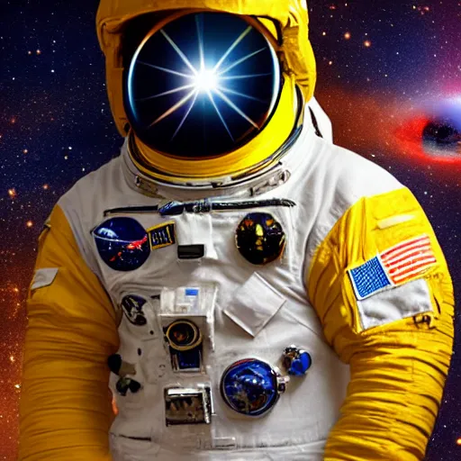 Image similar to astronaut in space, galactic background reflections on suit on one side and a yellow planet on the other side