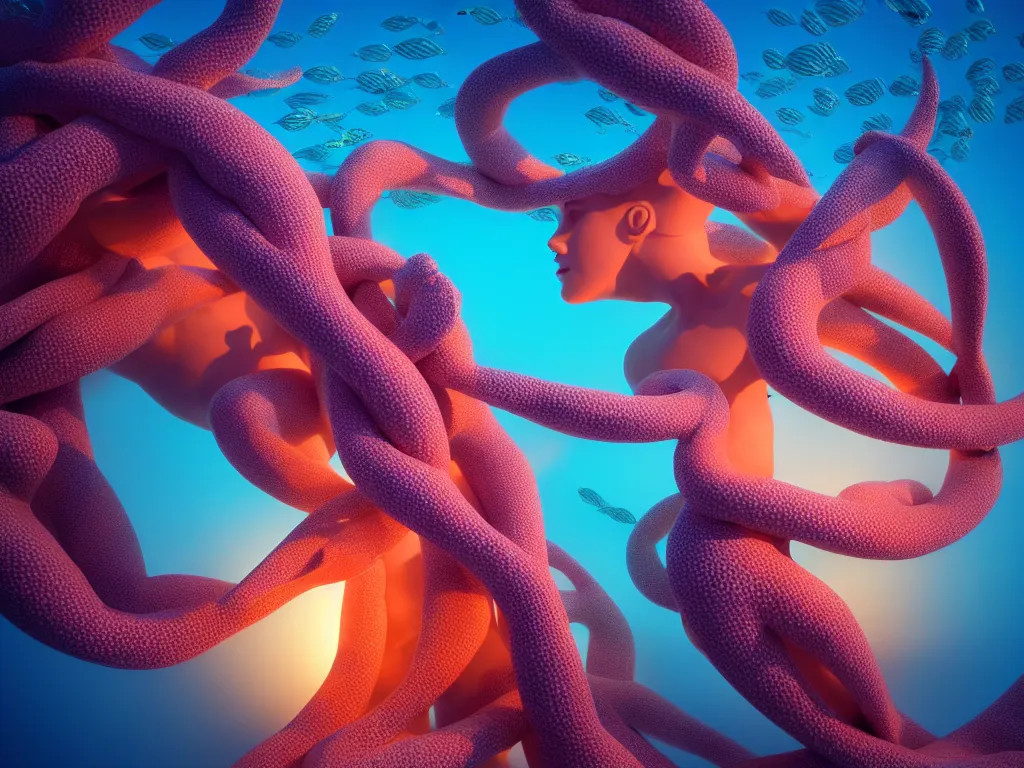 Image similar to a sculpture of fish ocean intertwined, diode lighting, a lovely cornucopia of flowers and human body parts, body parts, highly detailed, octane render, cinematic, sharp focus, clean, studio lighting, sunset, great barrier reef