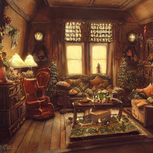 Prompt: inside a gingerbread house living room decorated in a grand fashion, a detailed matte painting by anton pieck, deviantart contest winner, fantasy art, concept art, official art, matte drawing