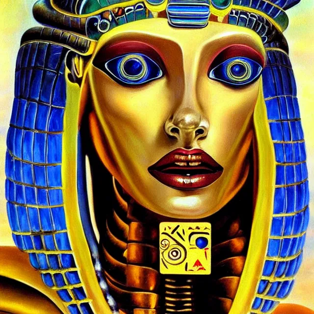 Image similar to a beautiful painting cyberpunk robot queen of egypt medusa face, by salvador dali realistic oil painting