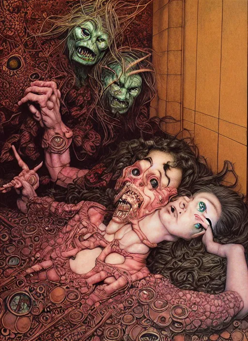 Prompt: realistic detailed image of a a small monster hiding under the bed and a girl looking at monster under the bed in an old soviet girlish room with by Ayami Kojima, Amano, Karol Bak, Greg Hildebrandt, and Mark Brooks, Neo-Gothic, gothic, rich deep colors. Beksinski painting. art by Takato Yamamoto. masterpiece. ultra details, high quality, high resolution .