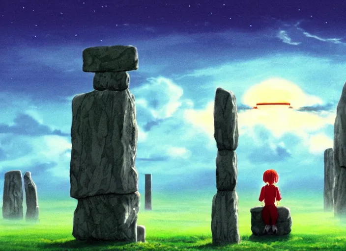 Prompt: a realistic cell - shaded studio ghibli concept art from paprika ( 2 0 0 6 ) of a floating cube from close encounters of the third kind ( 1 9 7 7 ) and a grey witch meditating on top of a pillar in a flooded stonehenge on a misty starry night. very dull colors, hd, 4 k, hq