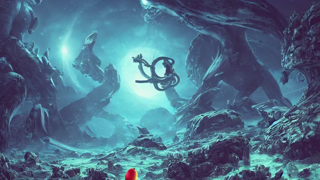 Image similar to An astronaut is under the sea, he has a big egg, he is swimming away from the giant leviathan that is behind hunting him, the leavithan has evil red eyes, this is an extravagant planet with wacky wildlife and some mythical animals, the background is full of ancient ruins, the ambient is dark with a terrifying atmosphere, by Jordan Grimmer digital art, trending on Artstation,