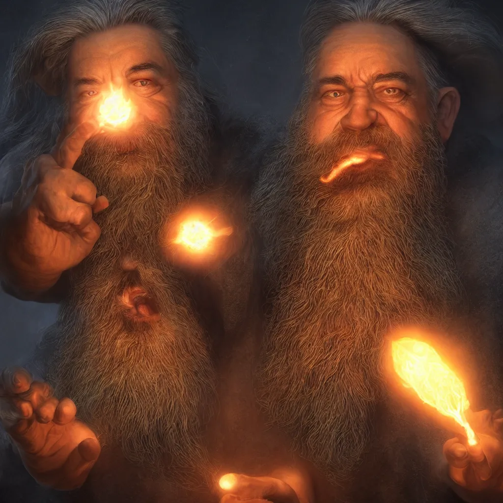 Image similar to Photorealistic cinematic close-up portrait of one angry dwarf wizard casting a fireball spell, by Larry Elmore and Steven Belledin . Magical occult photorealism, UHD, amazing depth, glowing, golden ratio, 3D octane cycle unreal engine 5, volumetric lighting, cinematic lighting, cgstation artstation concept art