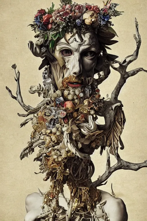 Image similar to Detailed maximalist portrait a greek god with large lips and with large white eyes, exasperated expression, botany bones, HD mixed media, 3D collage, highly detailed and intricate, surreal illustration in the style of Caravaggio, dark art, baroque