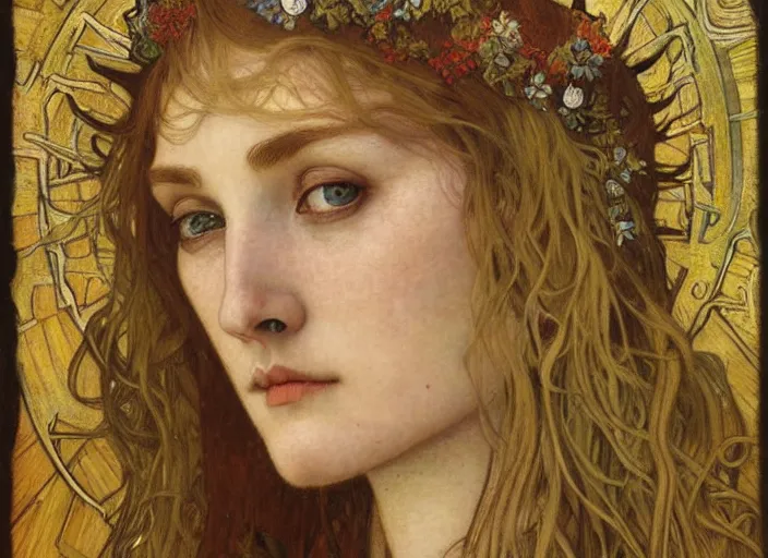 Image similar to detailed realistic beautiful young medieval queen face portrait by jean delville, alphonse mucha, vincent van gogh, and marco mazzoni, art nouveau, symbolist, visionary, gothic, pre - raphaelite