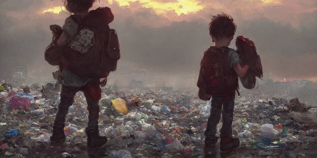 Image similar to poor detailed child with backpack standing at cars looking for food at garbage dump, destroyed cars, city is pure wasteland, moody sunset in background, greg rutkowski, alphonse mucha, trending on artstation, artgerm, unreal engine, breathtaking, award winning, highly detailed