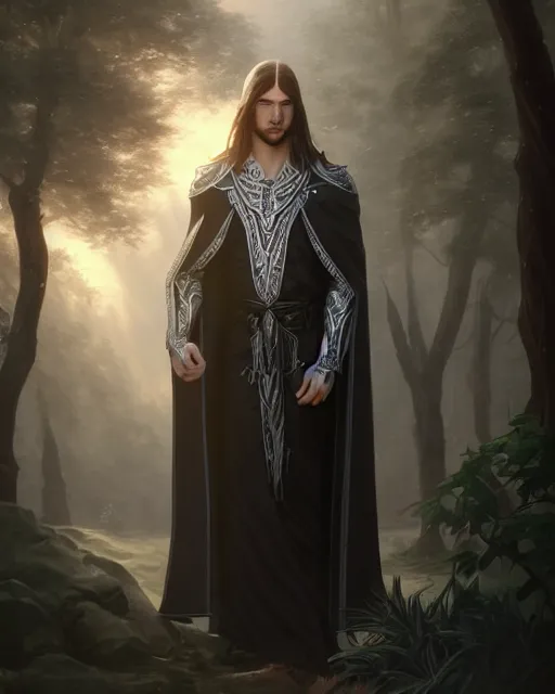 Prompt: portrait, beautiful male elf, long hair, elegant, super detailed, light black robes with silver accenting, silver very ornate jewelry, cape, 8 k, cinematic, backlight, octane render, dusk, trees, warm lighting, artstation, greg rutkowski, rossdraws, william bouguereau, sharp focus