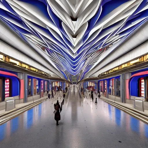 Prompt: elaborate and beautiful train station hall filled with travelers, designed by zaha hadid, bold colored walls, tall ceilings, large windows, lots of bold colors, unique architecture, sunbeams unreal engine 5 render, keyshot render, octane render, ultra high detail, ultra realistic, 8k