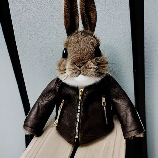 Prompt: A bunny with a small head wearing a fine intricate leather jacket