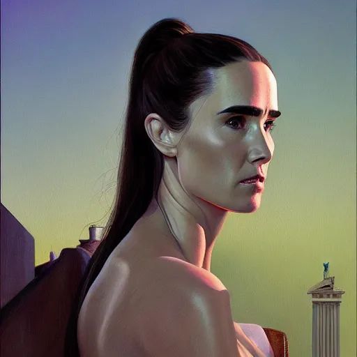 Prompt: Fractal portrait of Jennifer Connelly, very coherent, painted by Edward Hopper, Wayne Barlowe, painted by James Gilleard, airbrush, art by JamesJean