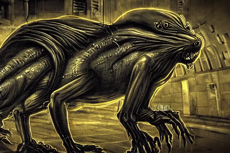 Image similar to very large giant mutant zombie irradiated angry rat staying on railways in tonnel of moscow subway. extreme high detail, very realistic. low dark light, scary mood. giger