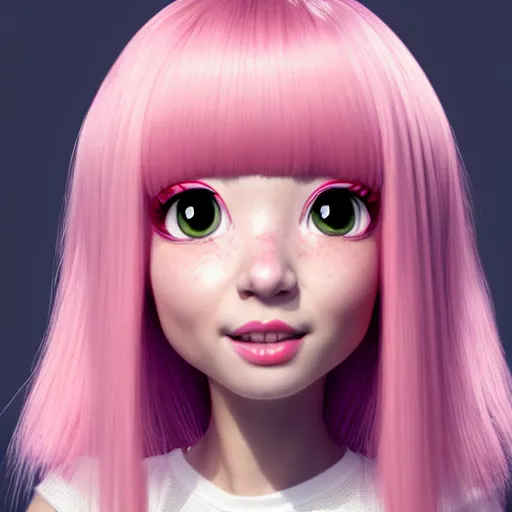 Image similar to A portrait of Nikki from Shining Nikki and Love, a cute 3d cgi toon young woman with long light pink hair, full bangs, hazel eyes, full face, light makeup, pale skin, Chinese heritage, cute outfit, medium shot, mid-shot, hyperdetailed, 8k, trending on artstation, as a Pixar character