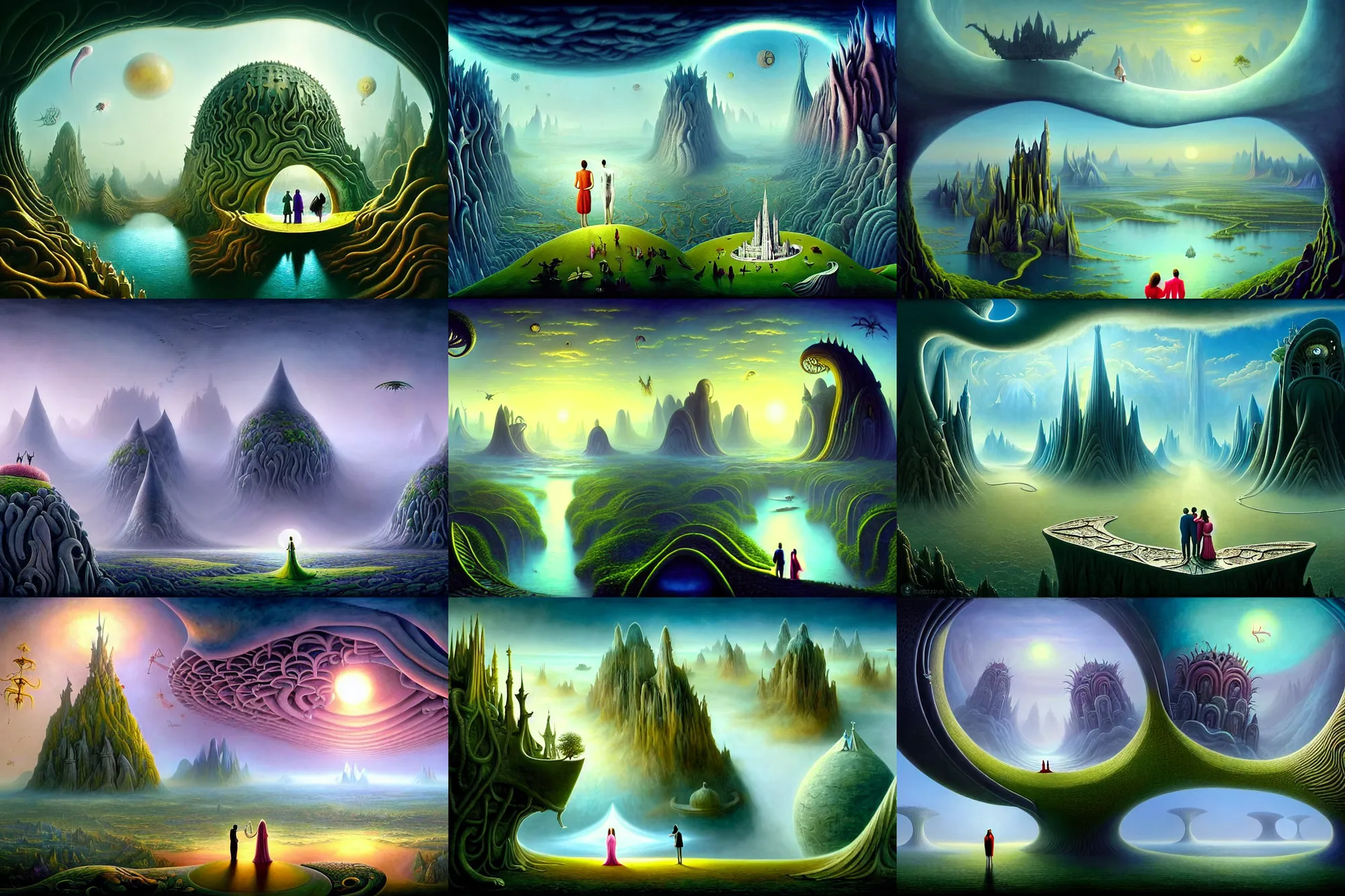 Prompt: a beautiful epic stunning amazing and insanely detailed matte painting of alien dream worlds with surreal architecture designed by Heironymous Bosch, a couple holds hands watching the landscape, mega structures inspired by Heironymous Bosch's Garden of Earthly Delights, vast surreal landscape and horizon by Cyril Rolando and Andrew Ferez, rich pastel color palette, masterpiece!!, grand!, imaginative!!!, whimsical!!, epic scale, intricate details, sense of awe, elite, fantasy realism, hyperrealism complex composition, featured on conceptartworld, award winning