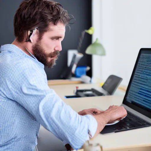 Prompt: photo of man with really bad posture using the computer