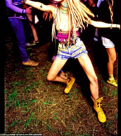 Image similar to portrait of a stunningly beautiful hippie girl with shoulder length blonde dreadlocks dancing at a rave festival, by bruce davidson