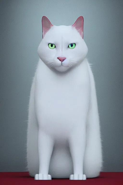 Image similar to a white cat with blue eyes wearing a red formal overcoat, hyperrealistic, concept art, octane render, unreal engine 5, realistic and defined face, profile picture, digital art, pixar and disney style, symmetrical, high quality, highly detailed, high coherence, path traced, house background, low contrast, beautiful, elegant clothes