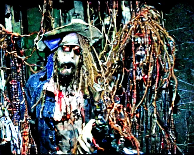 Prompt: rotten zombie jack sparrow [ covered in wires ] emerges from a cybercore portal in my disgusting room in the basement, 1 6 mm