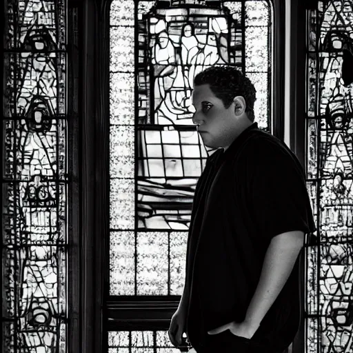 Prompt: jonah hill posing in a mysterious temple. ancient stainedglass windows. sharp focus ; highly detailed. wide - angle candid accurate hq relaxed pose bw photography 1 3 0 mm award - winning hd