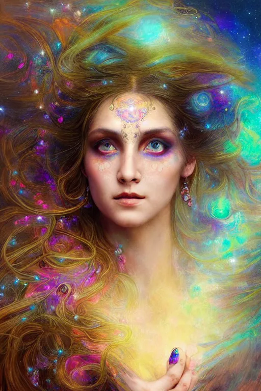 Prompt: full view portrait of an ethereal gypsy woman with detailed eyes, glowing face, floating in space with a half moon, photorealistic, colorful dress, in the style of ruan jia and gaston bussiere, holographic undertones, art nouveau galaxy background, intricate, flowing dress, smooth, sharp focus, dramatic lighting, illustration, hdr, artgerm