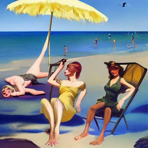 Prompt: A beautiful digital art of a group of people on a beach. The colors are muted and the overall tone is serene. The people are all engaged in different activities, from reading to playing games, and the artwork seems to be capturing a moment of peace and relaxation. pale yellow by Rolf Armstrong haunting, composed