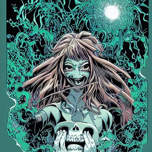 Image similar to the laughing witch, by yoichi hatakenaka, masamune shirow, josan gonzales and dan mumford