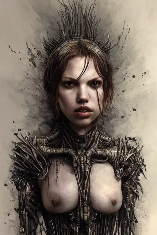 Image similar to portrait of hannah murray by hr giger, greg rutkowski, luis royo and wayne barlowe as a diablo, resident evil, dark souls, bloodborne monster