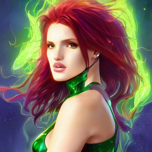 Image similar to ultra realistic illustration, bella thorne as starfire anime with glowing green eyes, intricate, elegant, highly detailed, digital painting, artstation, concept art, smooth, sharp focus, illustration, art by artgerm and greg rutkowski and alphonse mucha