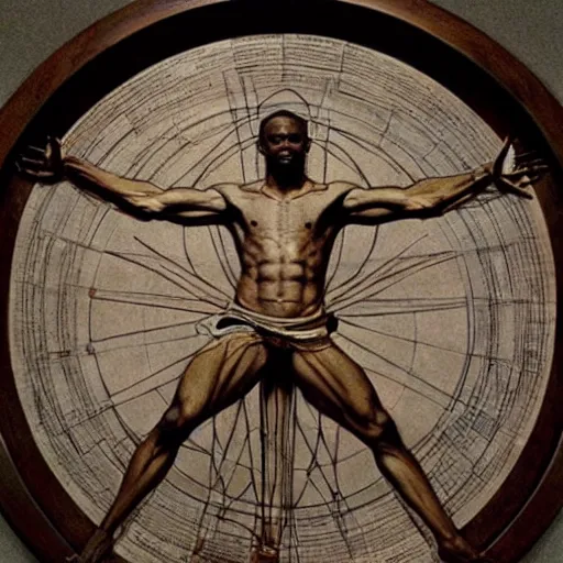 Prompt: Usain Bolt as the Vitruvian Man by leonardo da vinci, detailed, 8k, realistic, intricate blueprint in the style of Franz Xaver Winterhalter