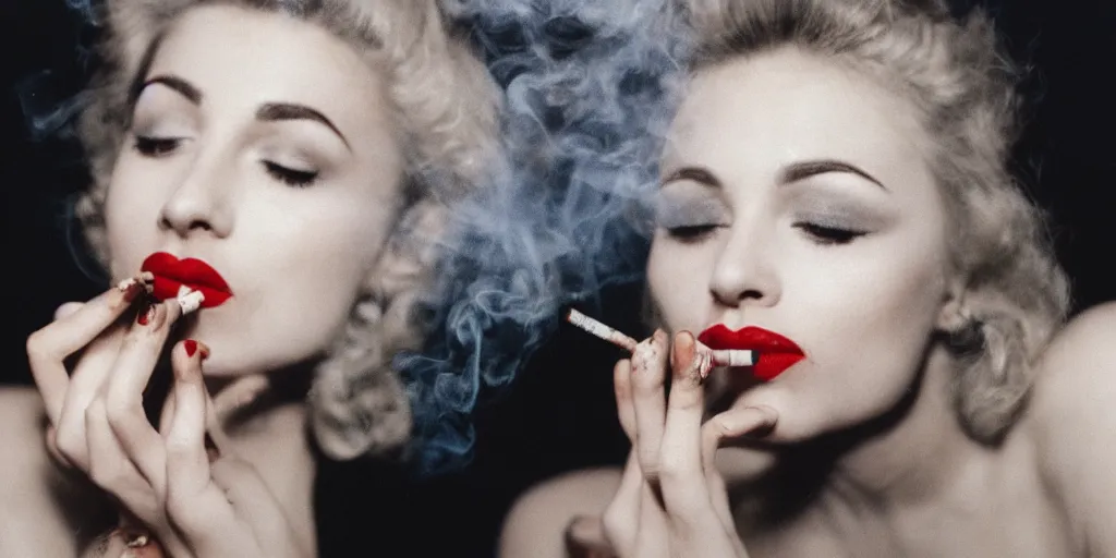 analog photo of a woman with red lipstick on smoking a | Stable ...