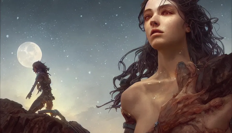 Image similar to epic masterpiece purty, hyperrealistic, octane render, cinematic, night, moon, sweaty skin, magic, by Edgar Maxence and Ross Tran and Michael Whelan, Lorenzo Sperlonga Legends of Runeterra